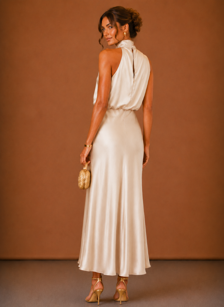 Robe en satin champagne vue de dos : ouverture en goutte sous le col, taille marquée et jupe fluide. 6