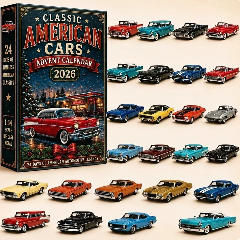 Coffret de voitures américaines classiques en métal, avec vingt-quatre berlines, coupés et breaks colorés présentés en 14