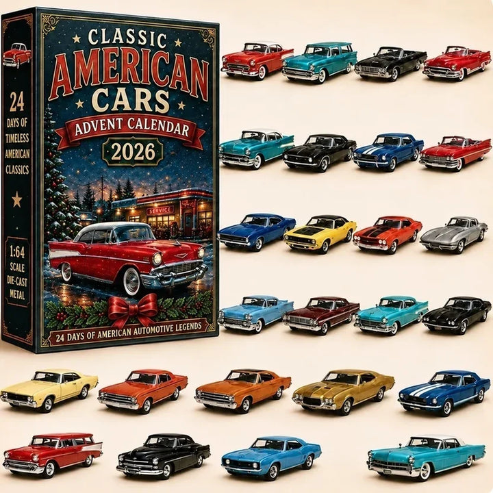 Coffret de voitures américaines classiques en métal, avec vingt-quatre berlines, coupés et breaks colorés présentés en 14