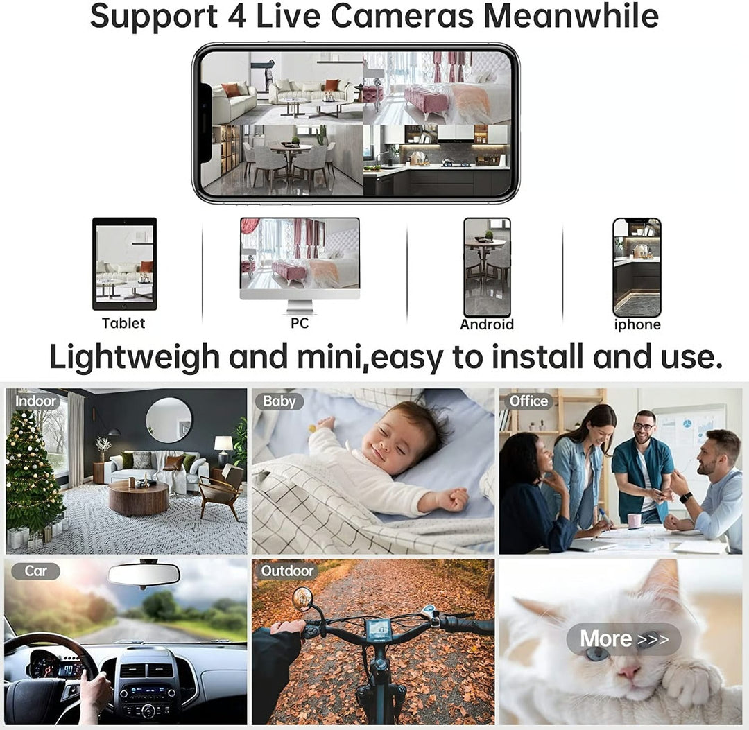 Smartphone affichant quatre caméras en direct, appareils compatibles et exemples d'usage : intérieur, bébé, bureau, voiture, extérieur, chat. 6