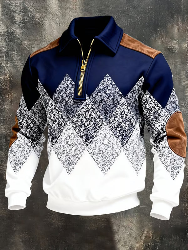 Pull bleu marine et blanc à losanges chinés, zip doré, empiècements marron aux épaules et coudes 3