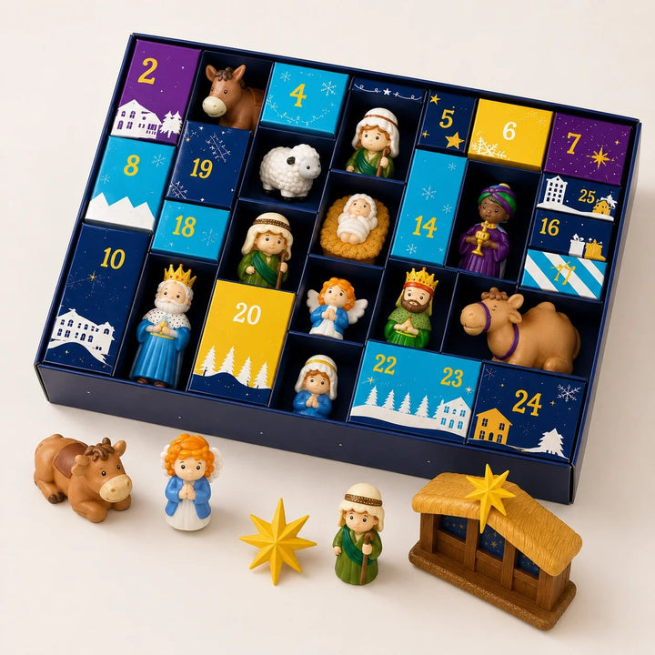 Calendrier ouvert montrant les figurines dans leurs compartiments, quelques pièces déjà sorties au premier plan 5