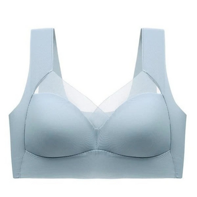 Soutien-gorge bleu clair seul sur fond blanc, vue de face avec larges bretelles et empiècement en résille au décolleté. 13