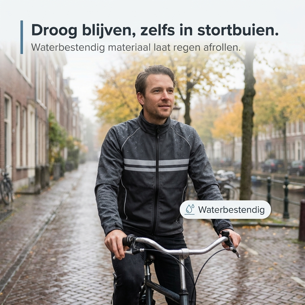 Cycliste sous la pluie dans une rue pavée, portant la veste grise dont le tissu perle d'eau. 2