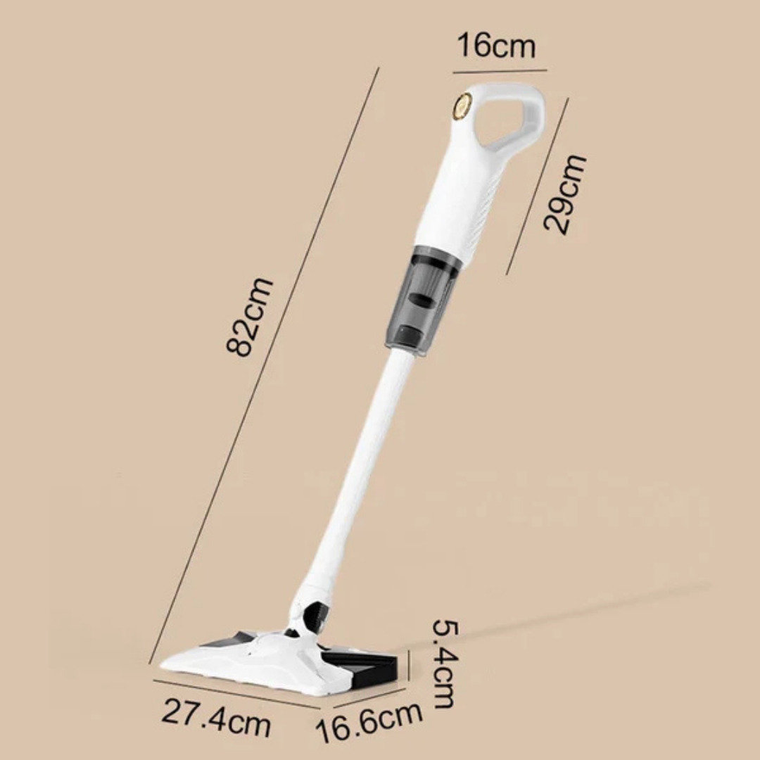 Aspirateur balais blanc sur fond beige, avec ses dimensions indiquées : hauteur, largeur de la tête, poignée et épaisseur. 6