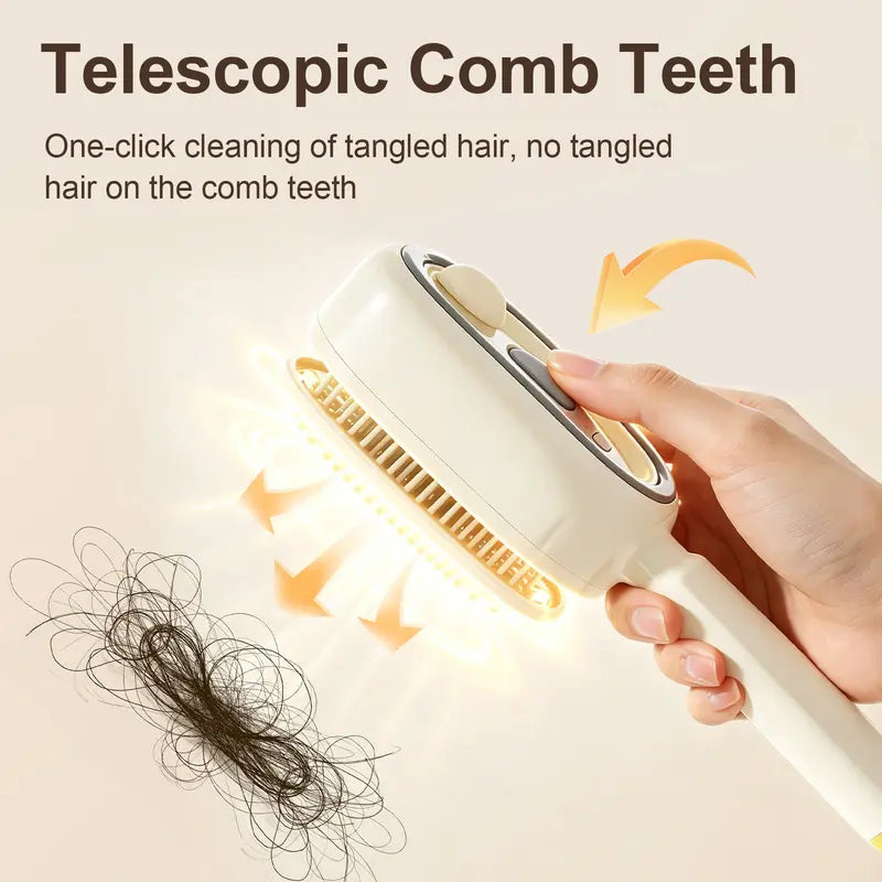 Main tenant la brosse dont les dents rétractables ressortent, avec des flèches orange et une pelote de cheveux emmêlés à côté. 6