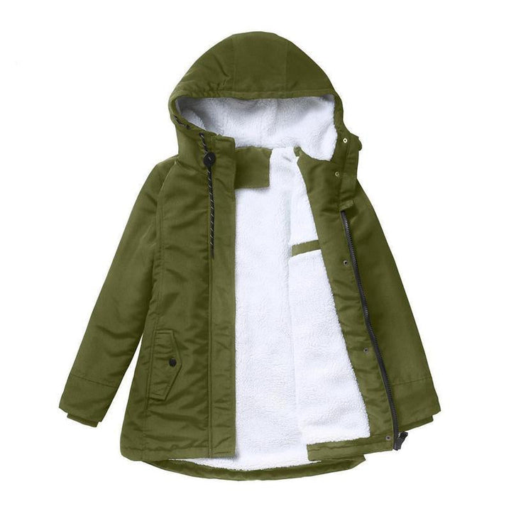 Parka vert kaki à plat, ouverte, avec doublure polaire blanche et poche à rabat 6