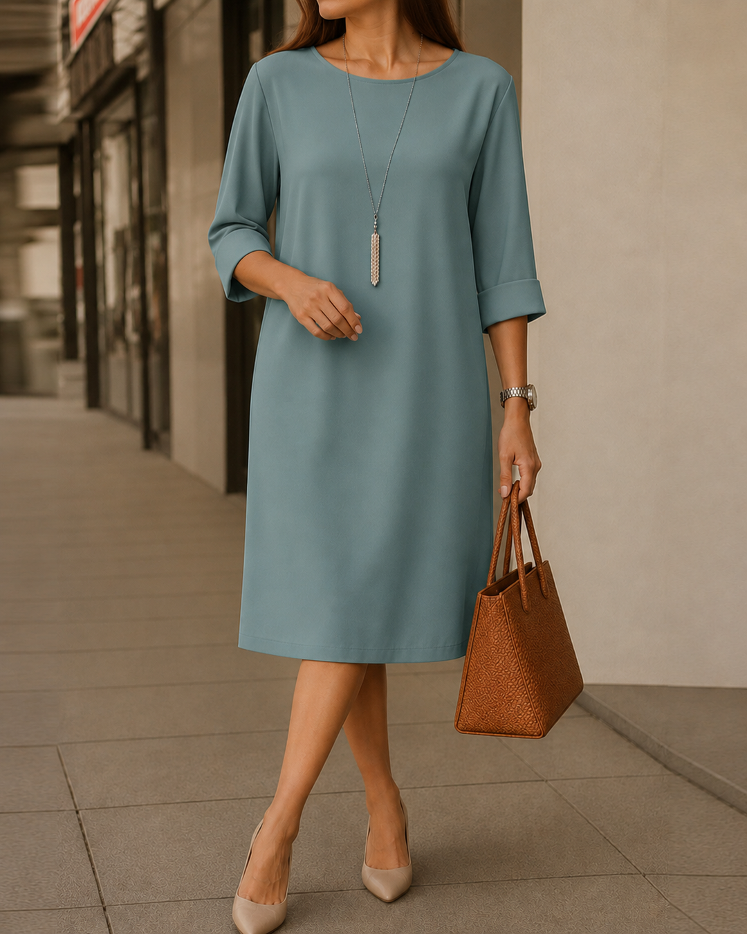 Robe vert-gris à manches trois-quarts, portée avec escarpins beiges, sac cabas marron et long collier 5