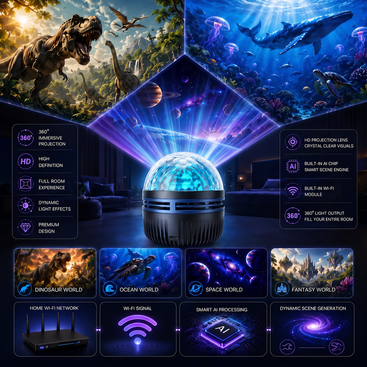 Projecteur diffusant des faisceaux sur trois parois: dinosaures, fonds marins et espace, avec vignettes des mondes et schéma de connexion Wi-Fi. 6