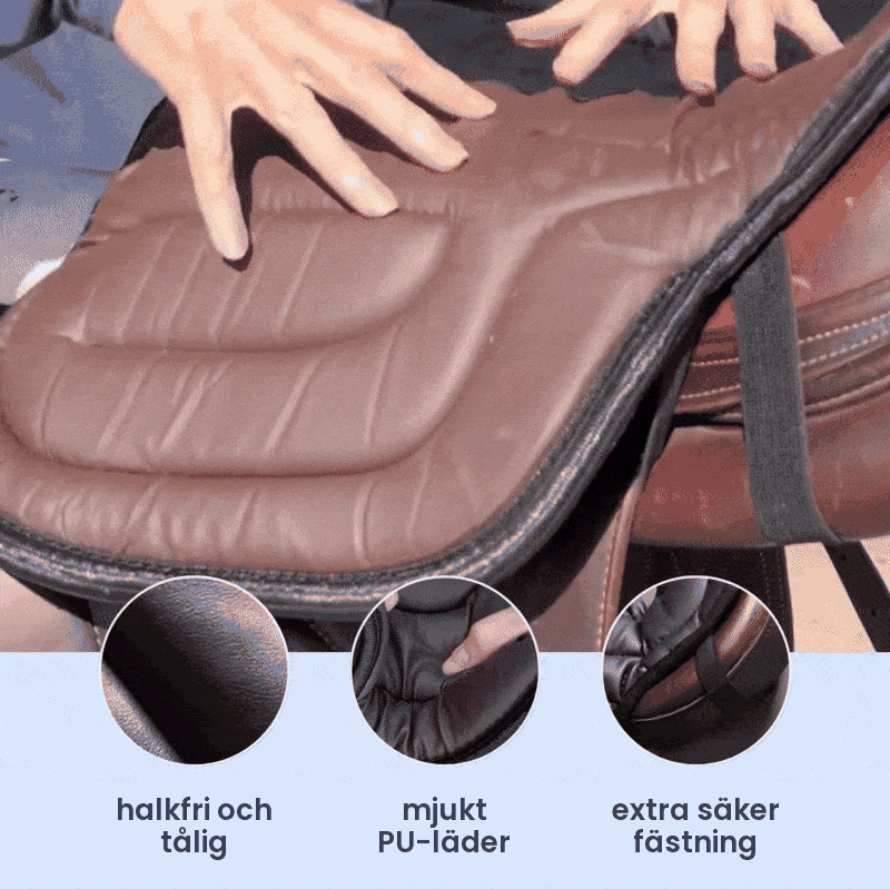 Mains pressant le coussin brun sur la selle, avec trois détails de matière et de fixation 5