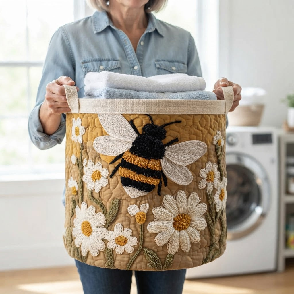 Une femme en chemise en jean tient le panier par ses poignées en toile, chargé de serviettes, devant un lave-linge. 5