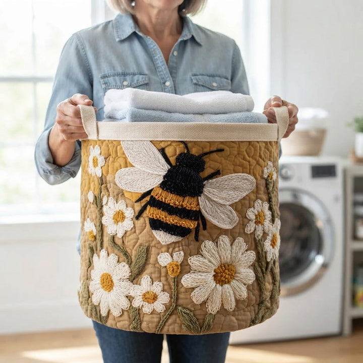 Une femme en chemise en jean tient le panier par ses poignées en toile, chargé de serviettes, devant un lave-linge. 5