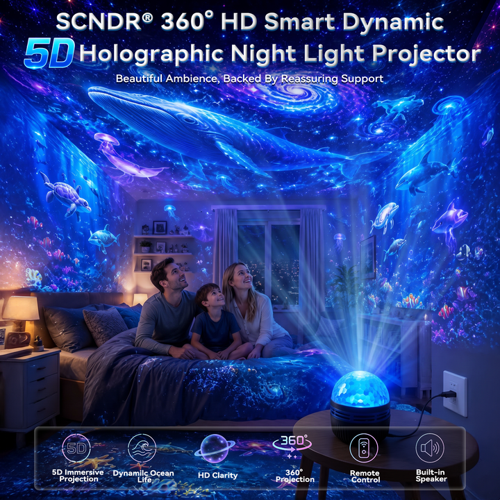 Famille assise sur un lit dans une chambre couverte de baleines, tortues et poissons projetés, le projecteur branché sur une table ronde. 10