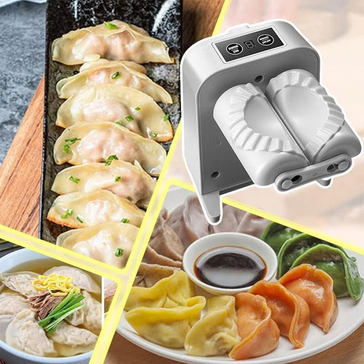 Montage de plusieurs recettes de raviolis cuits, à la vapeur, poêlés ou en soupe, avec la machine blanche aux moules cannelés détourée en haut à droite. 5
