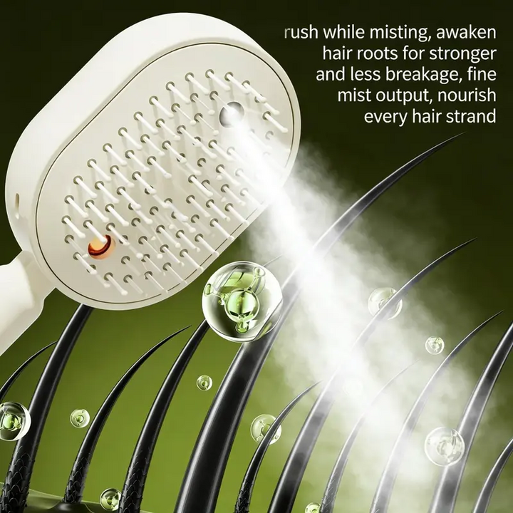 Face à dents de la brosse diffusant une fine brume sur des mèches de cheveux noirs, avec de petites bulles vertes en suspension. 3
