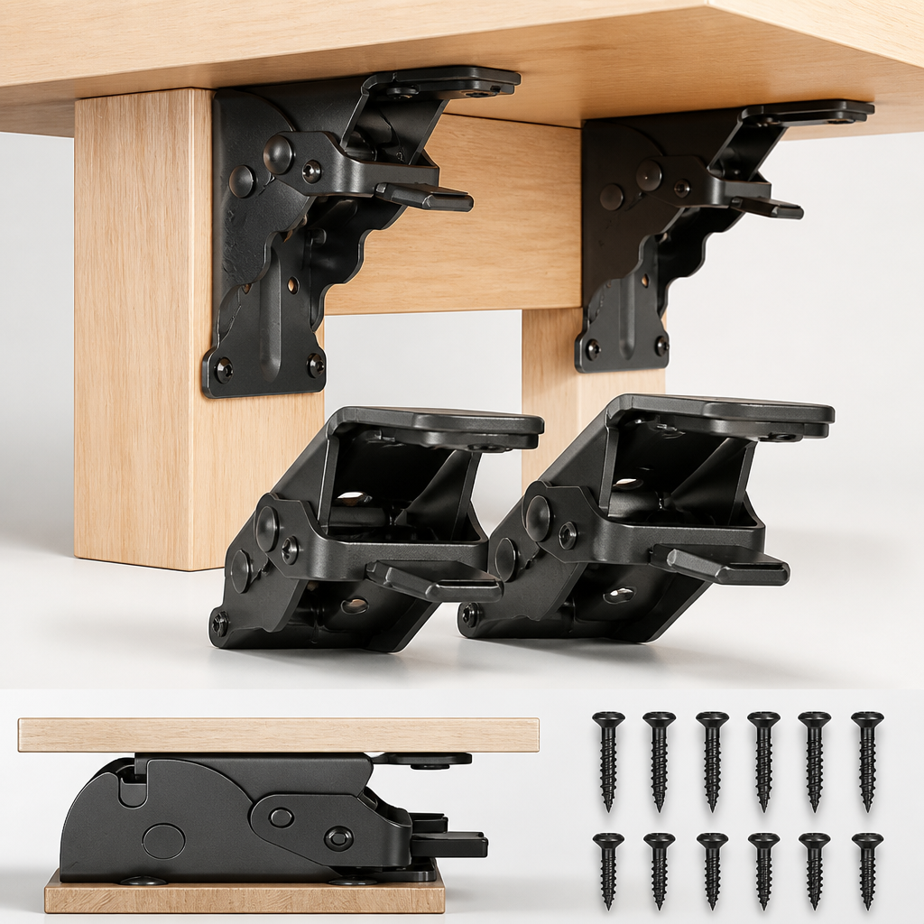 Supports noirs montés sous un plateau en bois, deux supports repliés, vue du support à plat et douze vis noires. 1