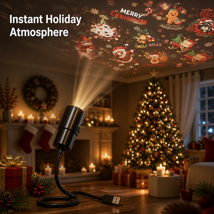 Petit projecteur noir sur col de cygne USB posé près d'un sapin, projetant des motifs de Noël au plafond du salon. 1