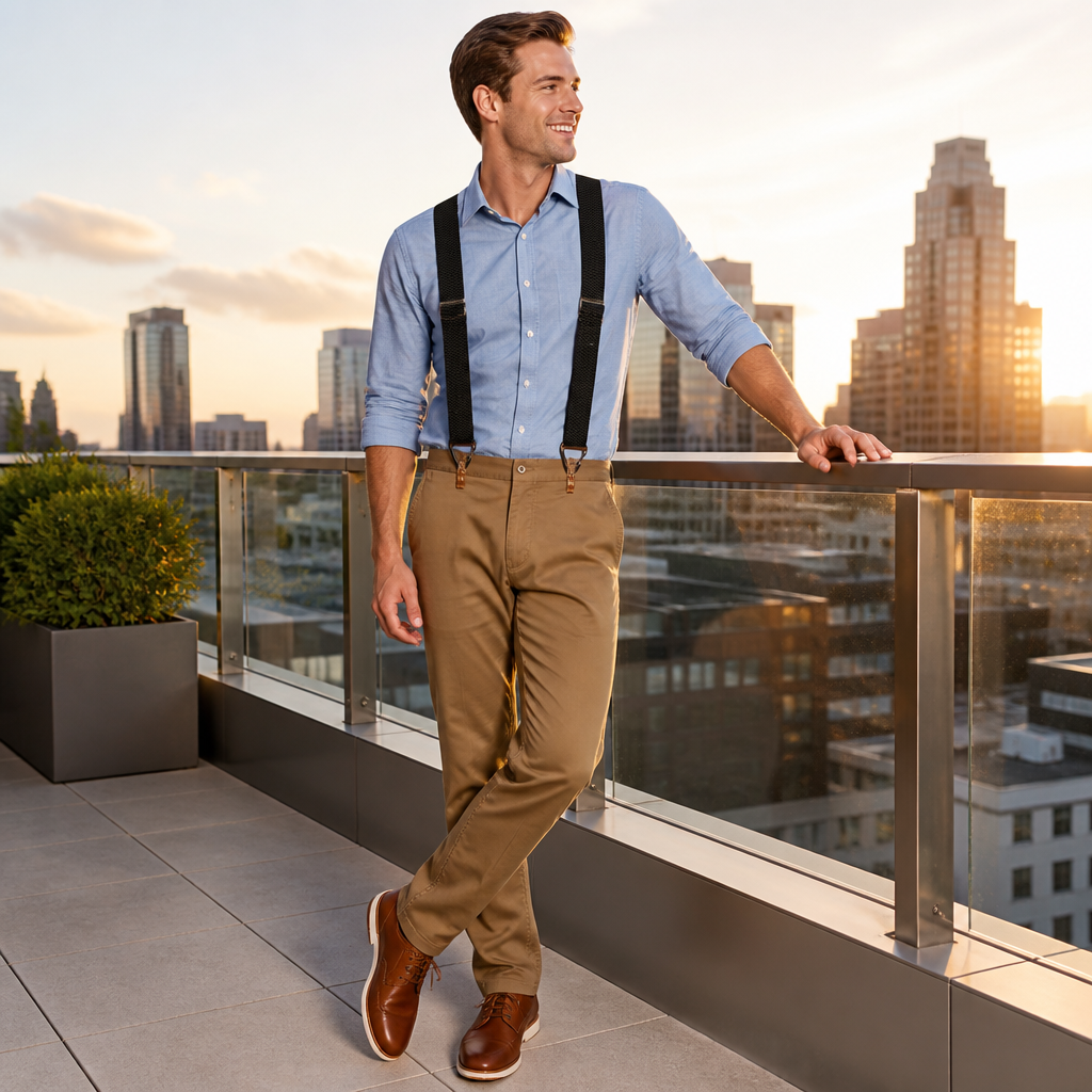 Homme souriant sur une terrasse en ville portant les bretelles noires avec chemise bleue, pantalon beige et chaussures marron. 1