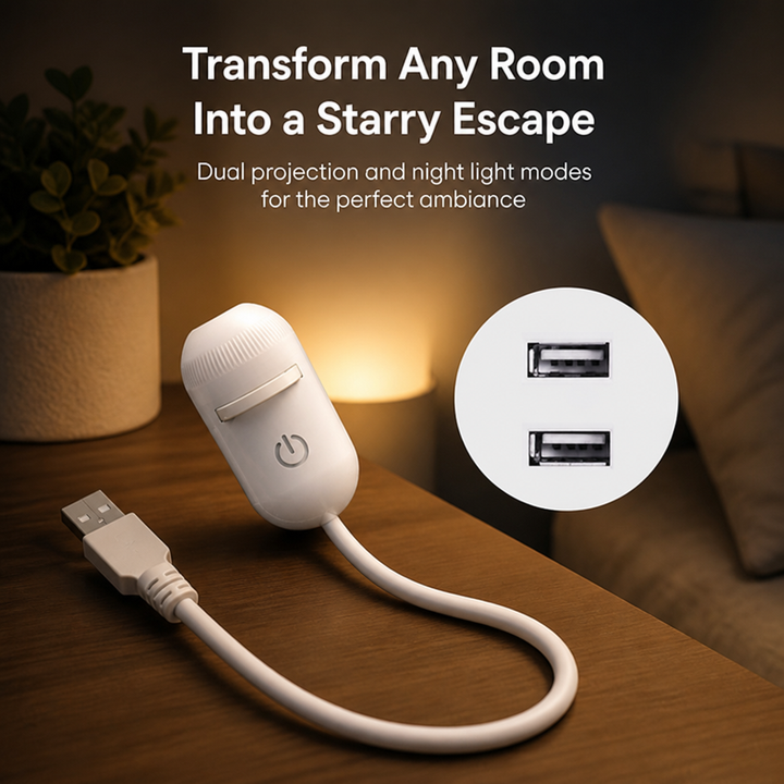 Projecteur blanc en forme de capsule posé sur une table de chevet, câble USB enroulé, lumière chaude en fond et gros plan sur deux ports USB. 1