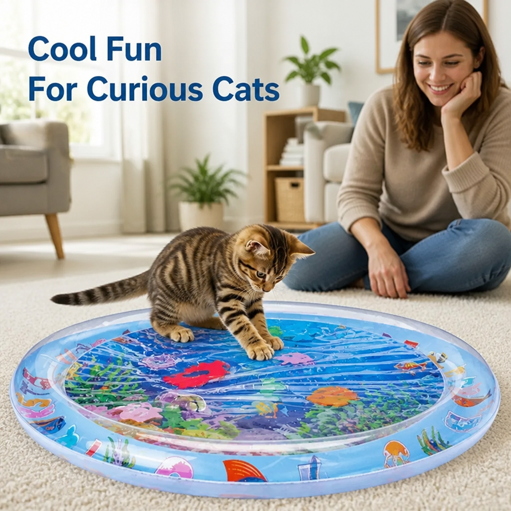 Chaton tigré explorant un tapis d'eau rond à motifs de fonds marins, une femme souriante assise à côté dans un salon. 1