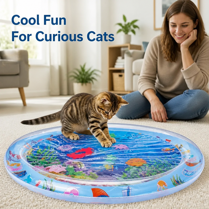 Chaton tigré explorant un tapis d'eau rond à motifs de fonds marins, une femme souriante assise à côté dans un salon. 1