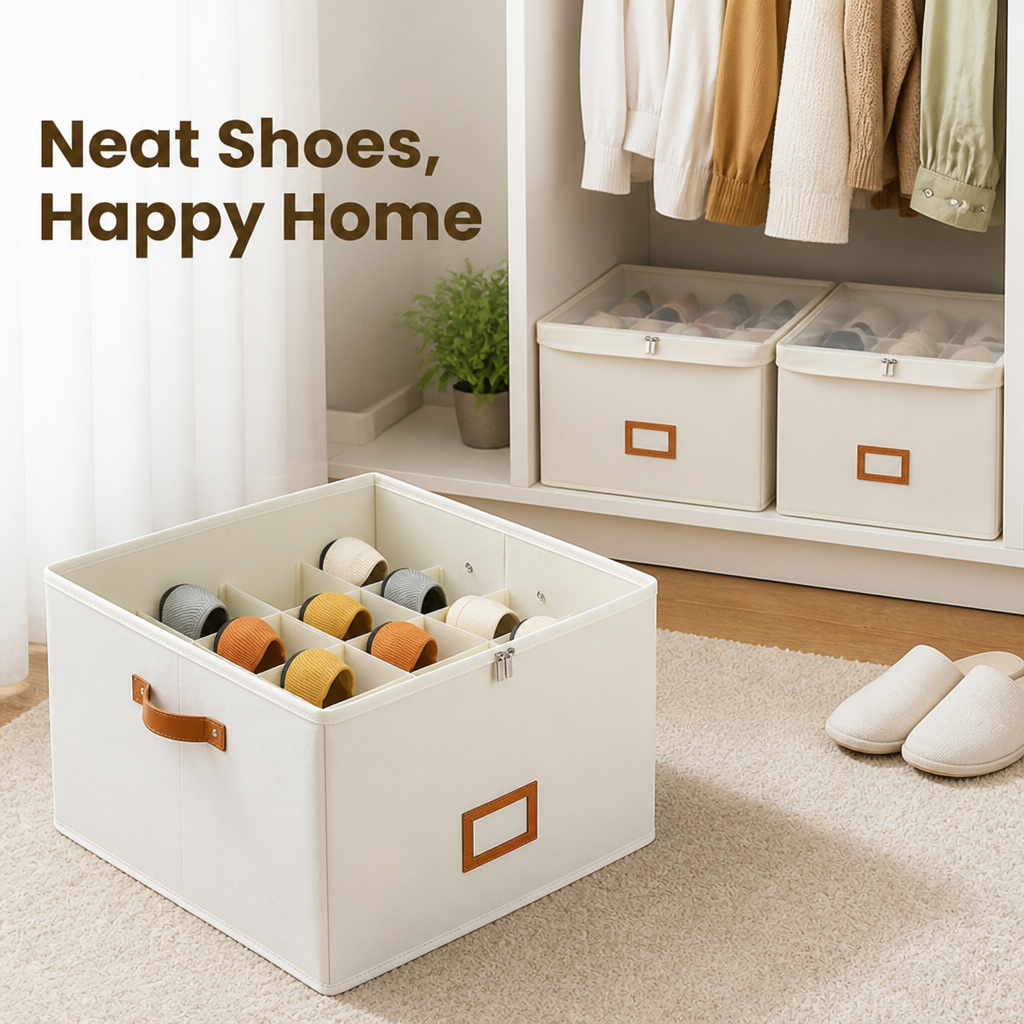 Boîte beige ouverte à compartiments remplie de chaussures, posée sur un tapis devant deux boîtes identiques rangées dans une armoire. 1