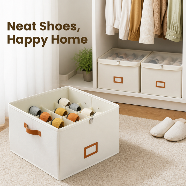 Boîte beige ouverte à compartiments remplie de chaussures, posée sur un tapis devant deux boîtes identiques rangées dans une armoire. 1