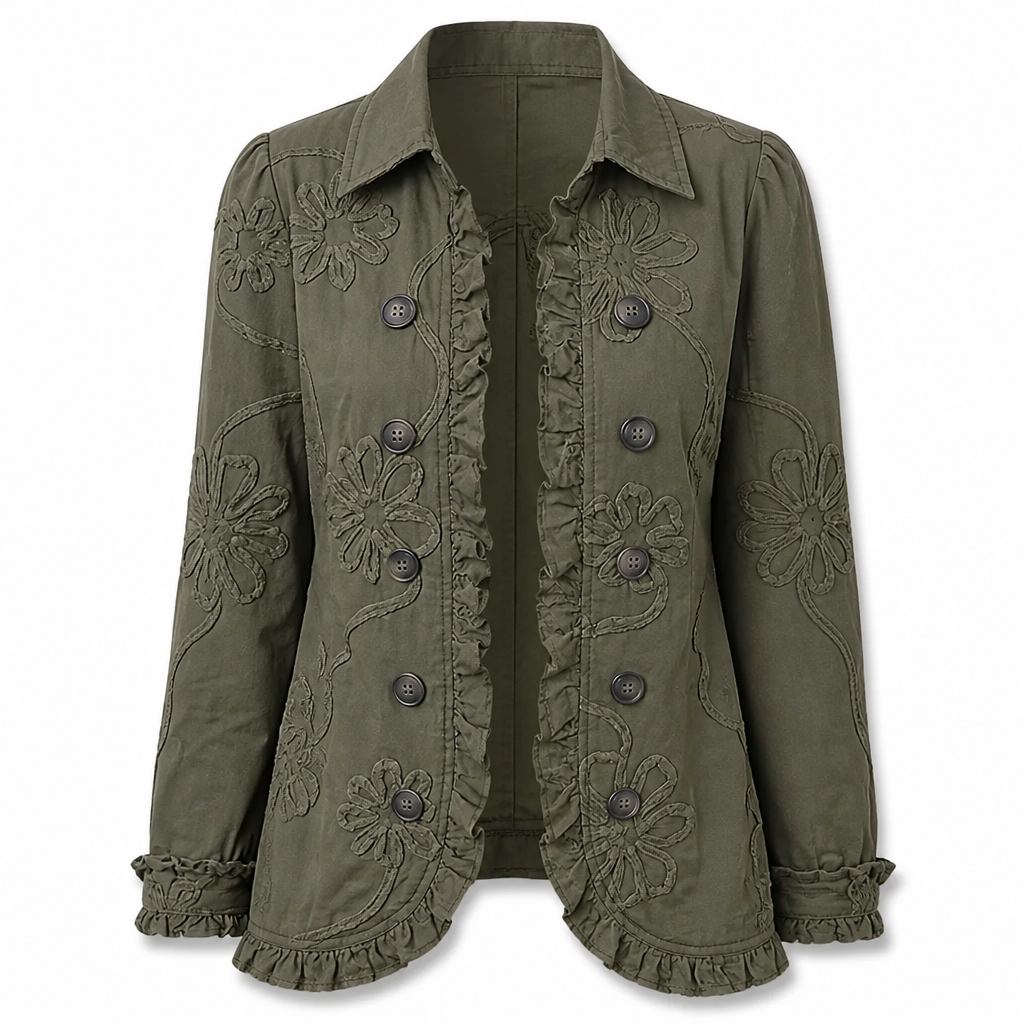 Veste kaki présentée à plat, vue de face : broderies de fleurs en relief, boutons sombres, col chemise et volants au bas et aux poignets. 9