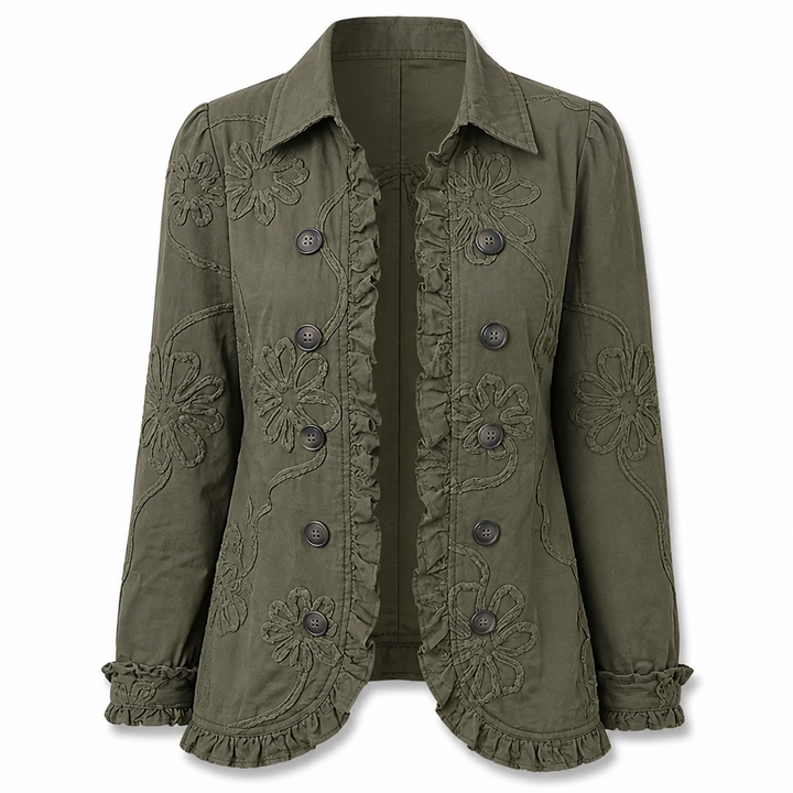 Veste kaki présentée à plat, vue de face : broderies de fleurs en relief, boutons sombres, col chemise et volants au bas et aux poignets. 9