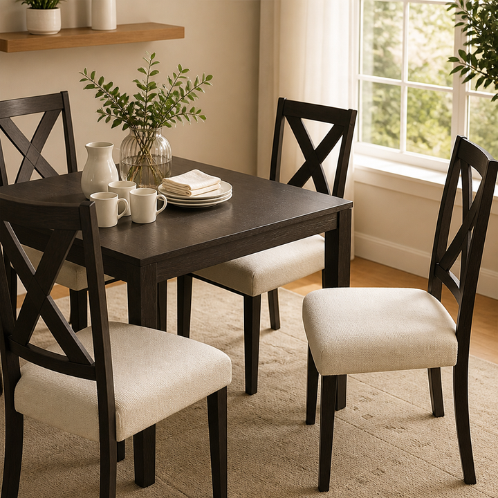 Table de salle Ă  manger en bois sombre entourĂ©e de chaises Ă  dossier croisĂ© avec assises beiges, vaisselle et vase de feuillage dessus. 1