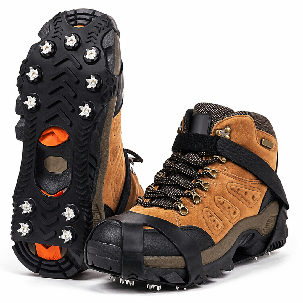 Botte de randonnée marron équipée de crampons noirs, semelle retournée montrant les pointes en acier 1
