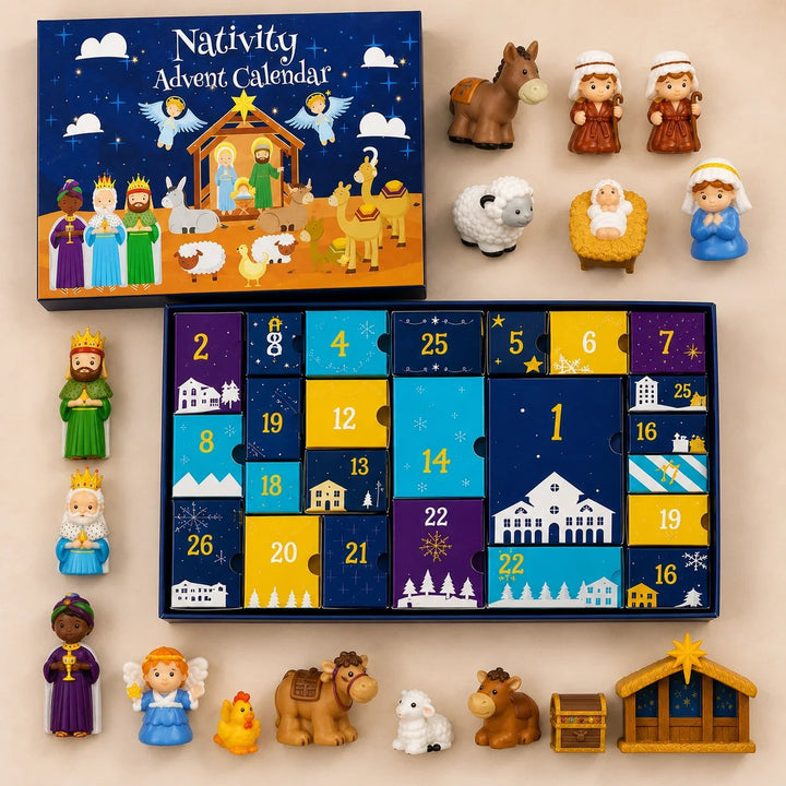 Vue de dessus à plat du calendrier ouvert entouré de toutes les figurines rangées autour 3