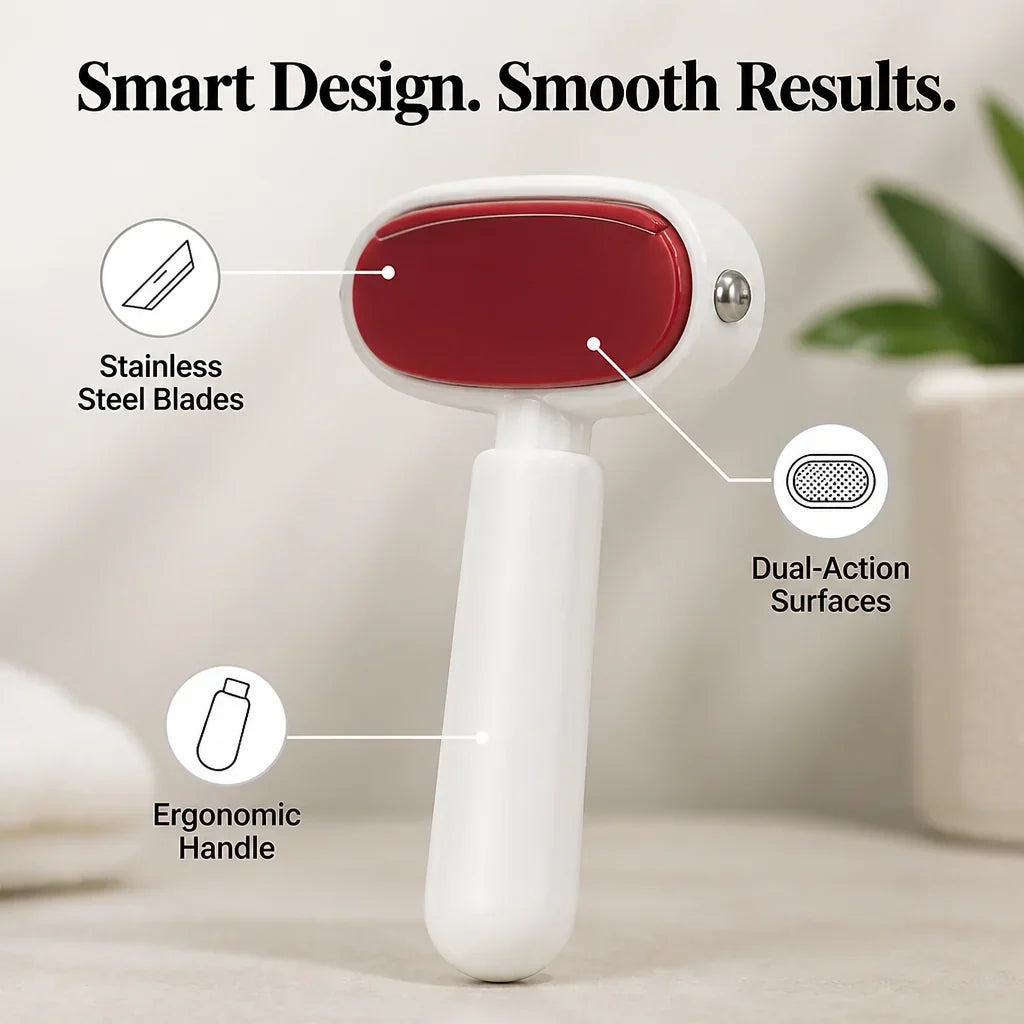 Râpe blanche et rouge debout, avec pictogrammes des lames, des surfaces double action et du manche ergonomique 3