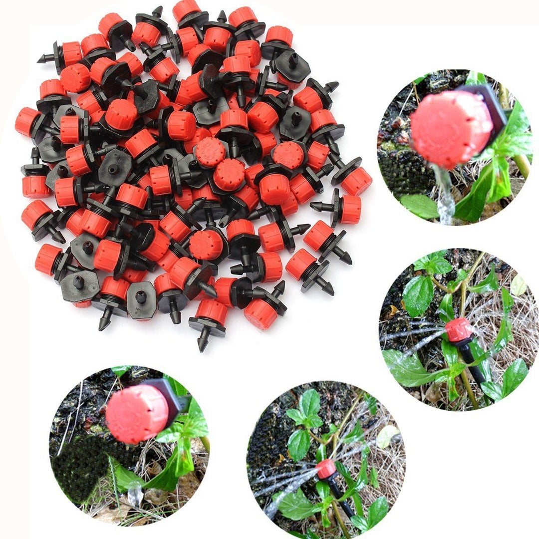 Lot de nombreux goutteurs rouges et noirs en vrac, entouré de quatre vues rondes de goutteurs arrosant des plantes. 9