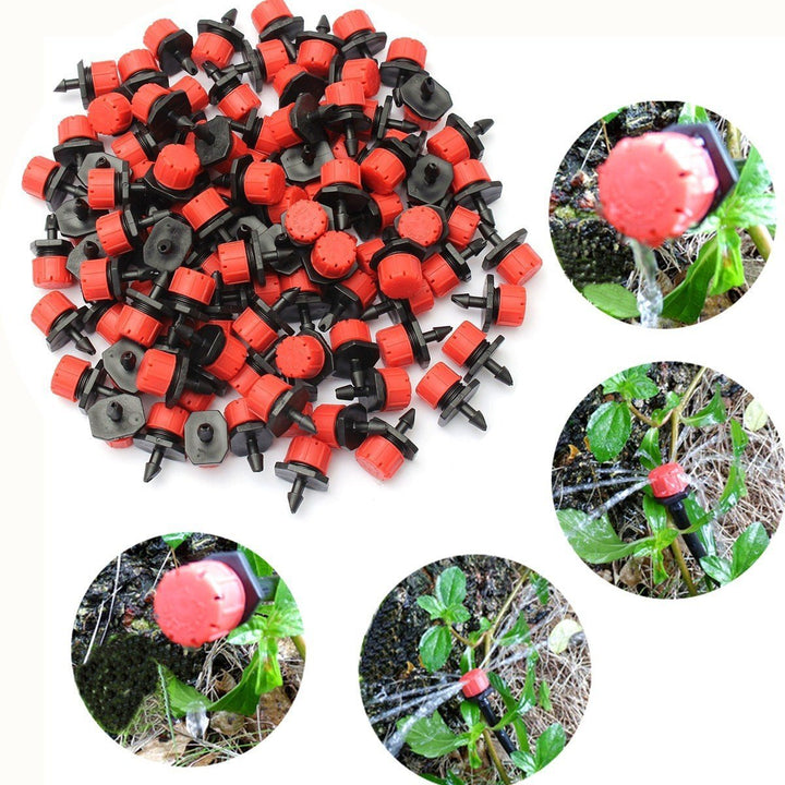Lot de nombreux goutteurs rouges et noirs en vrac, entouré de quatre vues rondes de goutteurs arrosant des plantes. 9