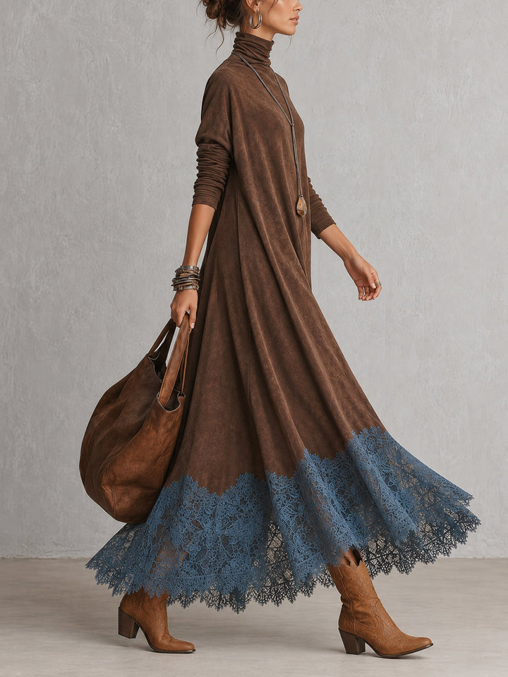 Robe marron vue de profil, mannequin en marche, jupe fluide et dentelle bleue au bas 4