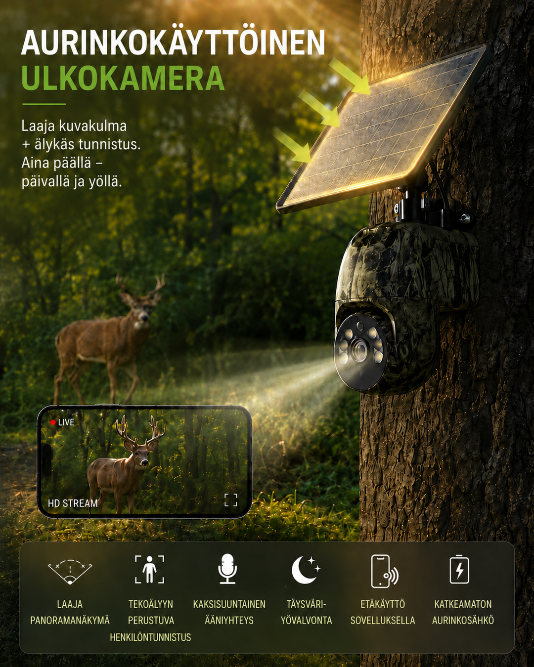 Caméra camouflage fixée à un tronc d'arbre, panneau solaire au soleil, cerf dans la forêt et aperçu sur smartphone. 2