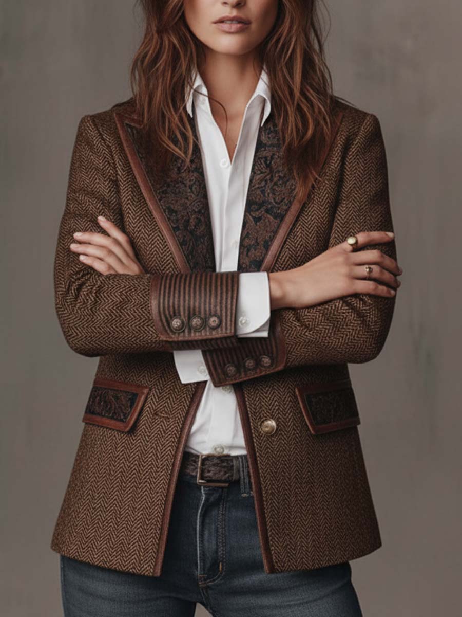 Blazer porté par une femme aux bras croisés, manchettes rayées boutonnées bien visibles, vue de face 2