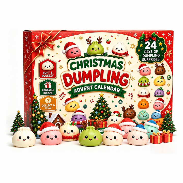 Boîte du calendrier sur fond blanc, avec figurines à bonnets rouges alignées devant et petits sapins décoratifs 5