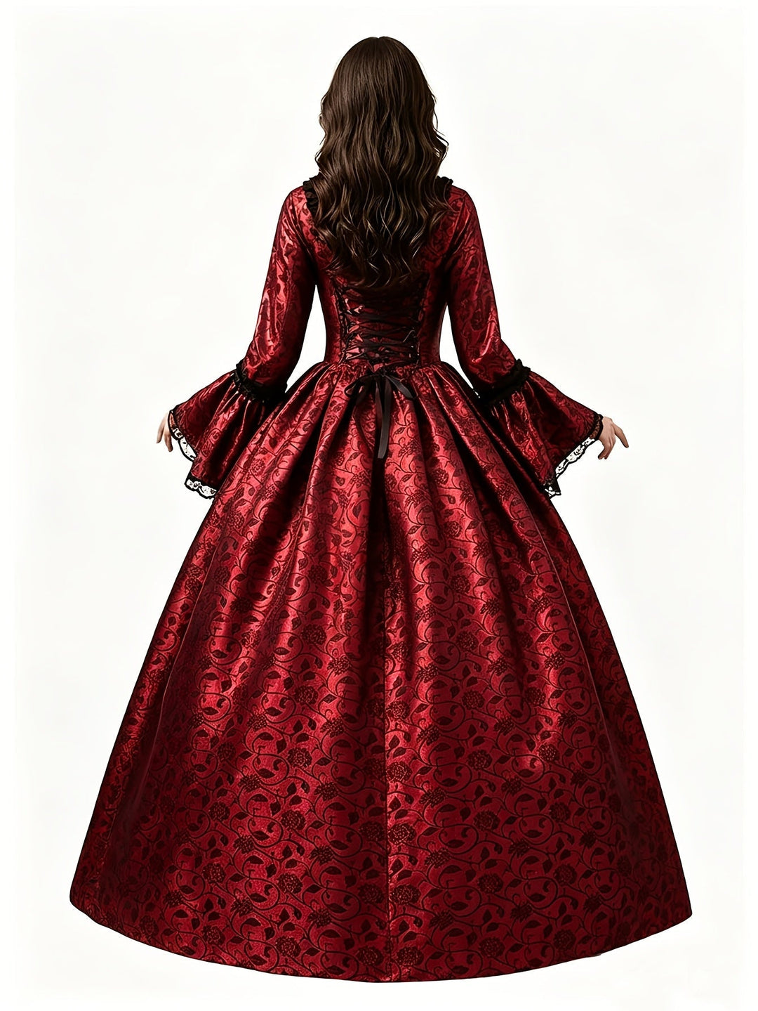 Robe rouge vue de dos avec lacet de corset, ruban noir, manches évasées en dentelle et jupe ample à motif floral. 11