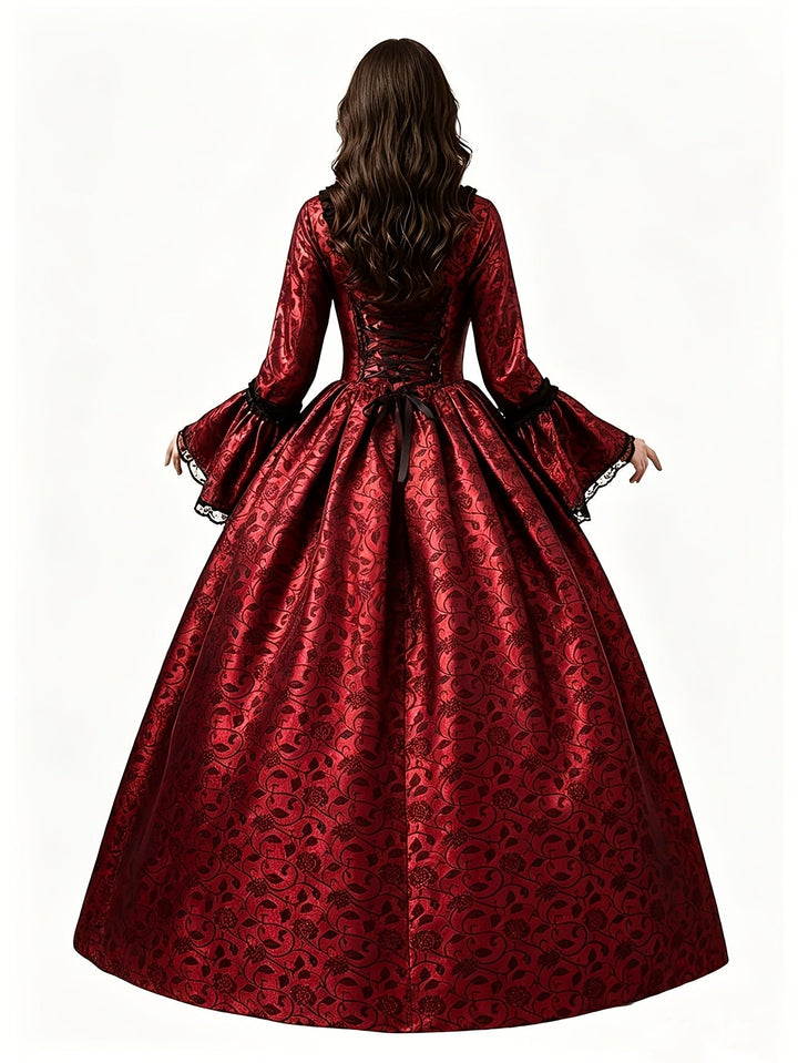 Robe rouge vue de dos avec lacet de corset, ruban noir, manches évasées en dentelle et jupe ample à motif floral. 11