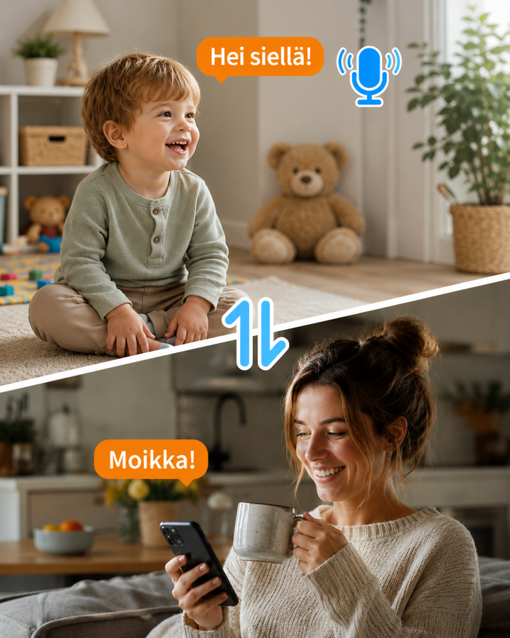 Montage de communication bidirectionnelle: un jeune enfant qui rit dans un salon et une femme souriante qui lui répond depuis son smartphone. 10