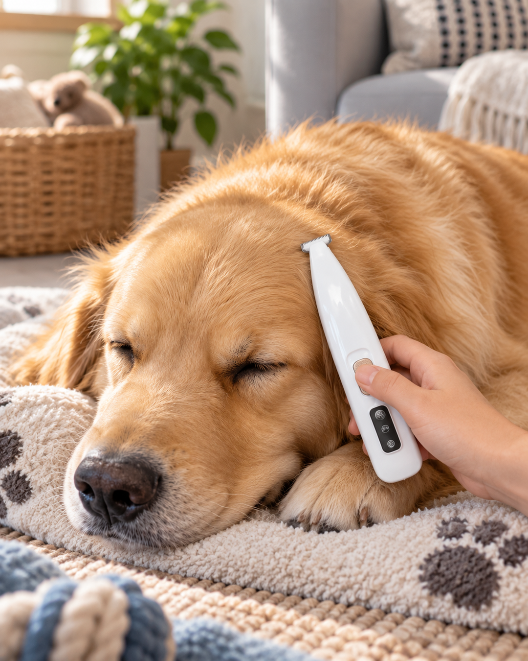 Main passant la tondeuse blanche sur la tête d'un golden retriever détendu, allongé sur un coussin 10