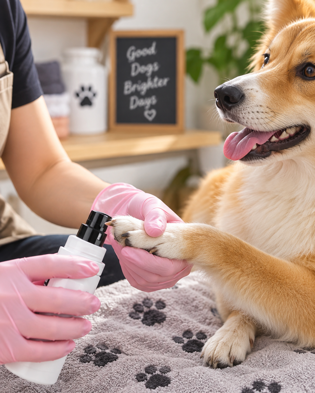 Un corgi laisse une personne en gants roses tenir sa patte, appareil en main, sur une serviette 8