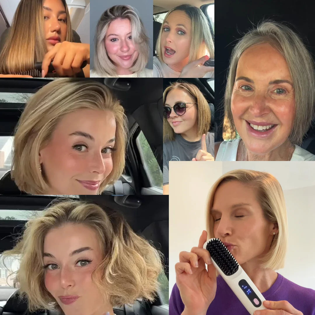 Collage de femmes aux cheveux courts lissés, portraits en voiture et à l'intérieur, l'une tenant une brosse chauffante blanche. 3