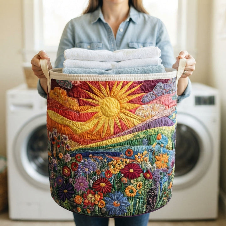 Une personne tient le panier par ses anses, rempli de serviettes de toilette pliées, devant un lave-linge. 3