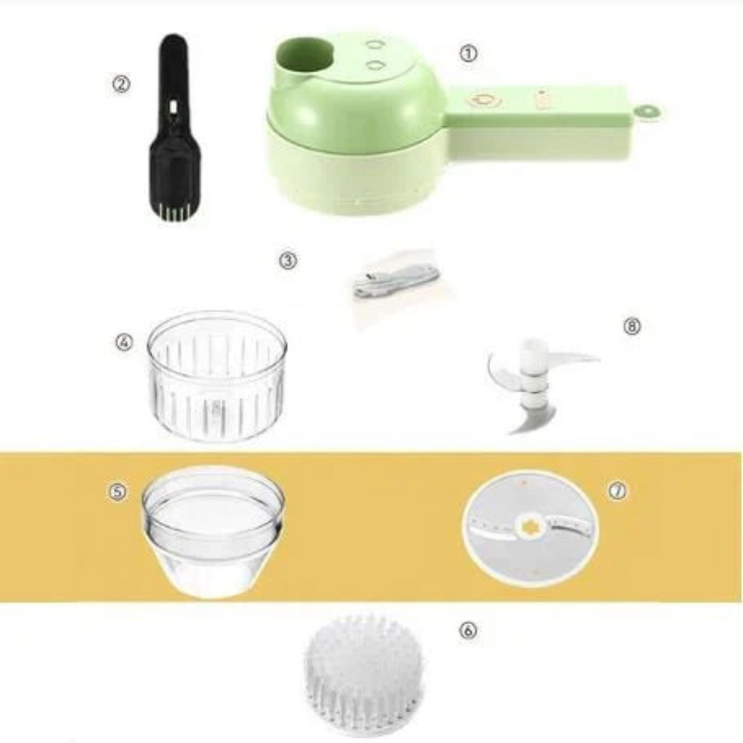 Accessoires numérotés à plat : corps, brosse, câble de charge, bols, disque tranchant, lame hachoir et brosse ronde 7