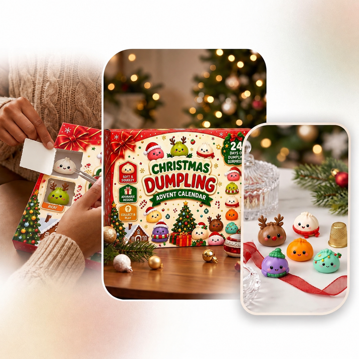 Montage de trois vues : mains ouvrant une case, boîte devant un sapin, figurines posées sur du marbre 4
