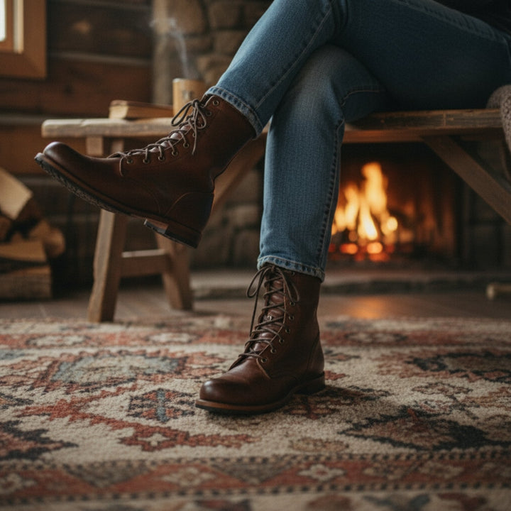 Bottes brunes à lacets portées avec un jean, jambes croisées sur un tapis à motifs, devant une cheminée allumée. 5