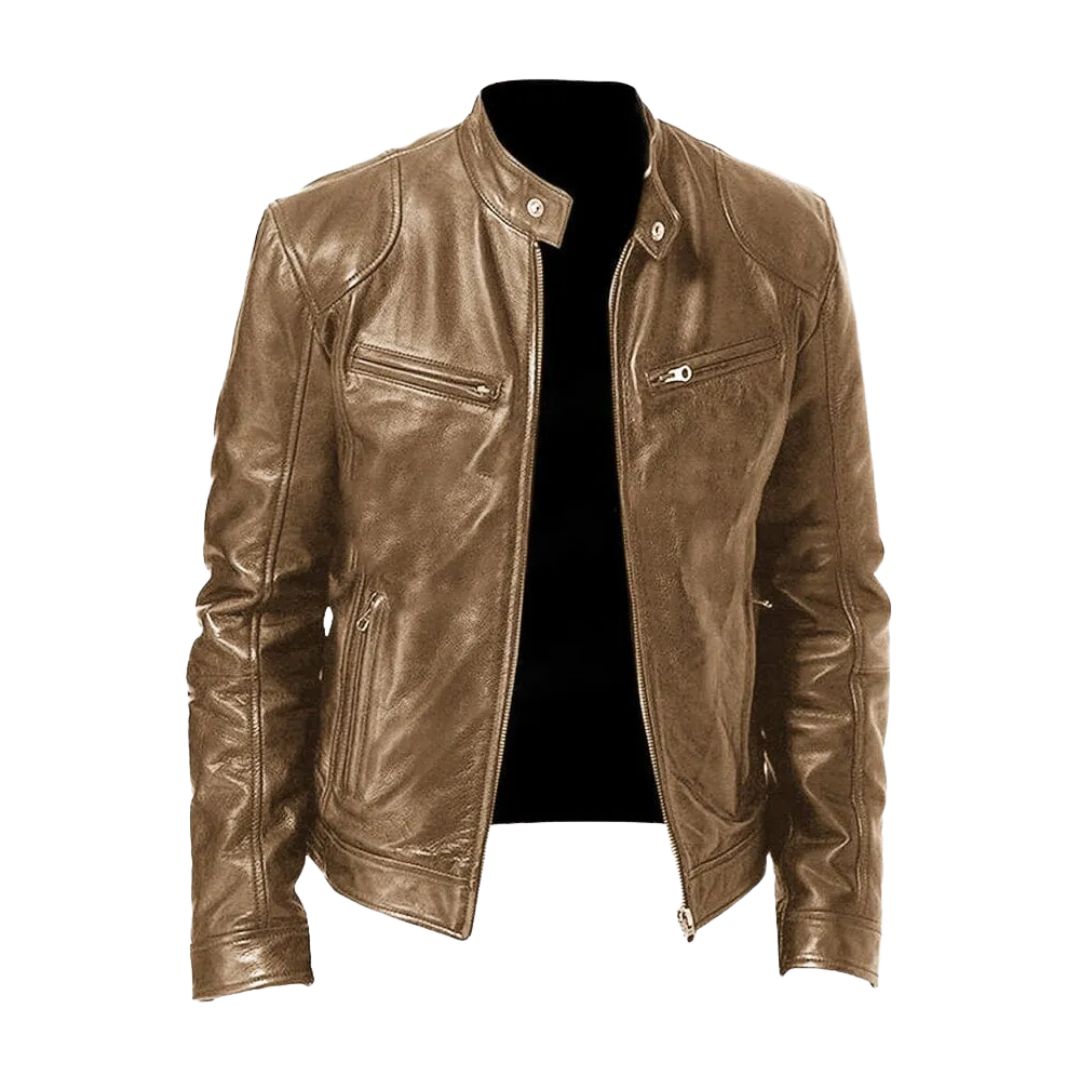 Même veste en cuir coloris marron clair, présentée ouverte avec son col montant à pression et ses poches zippées. 3